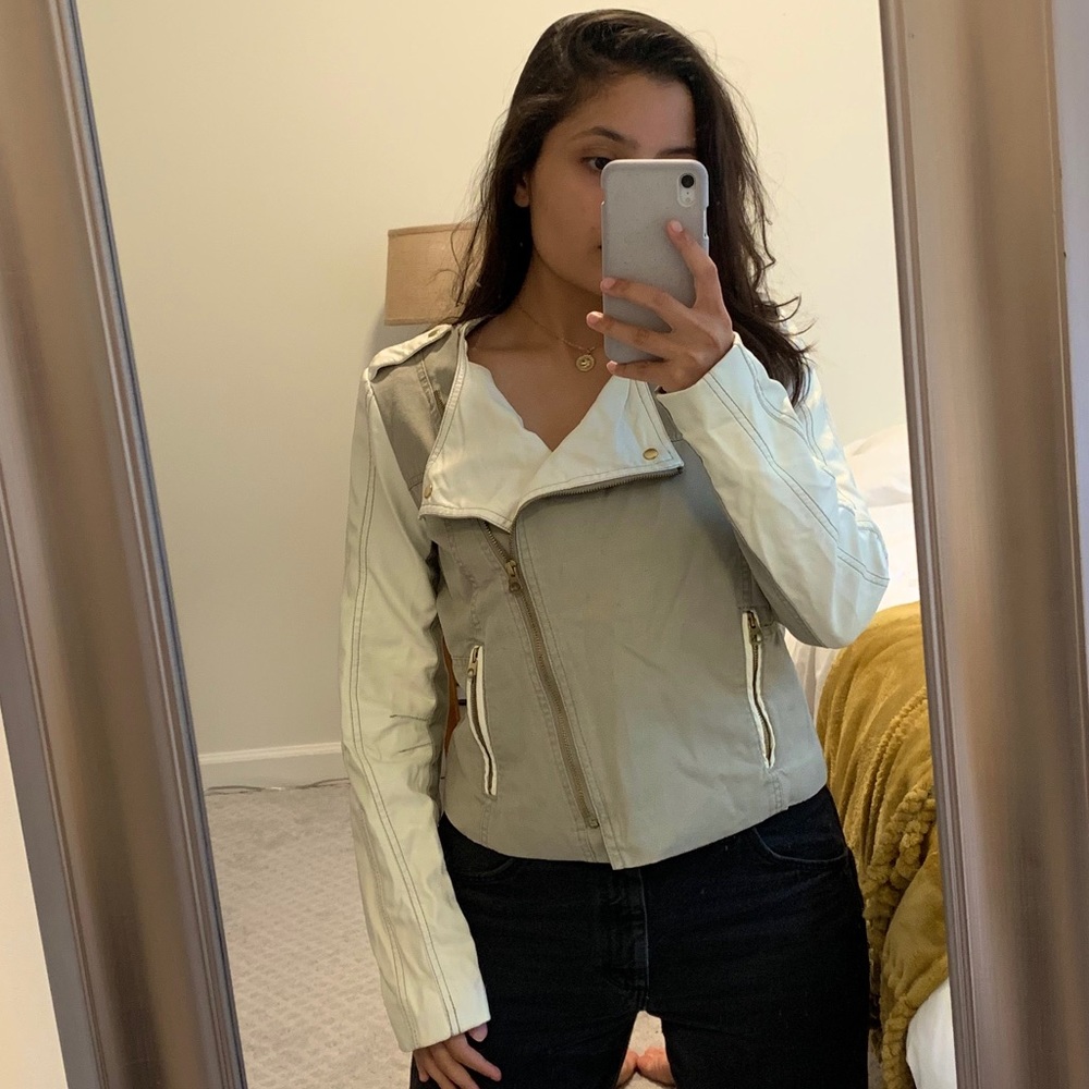 White and tan-gray biker jacket by Live a Little